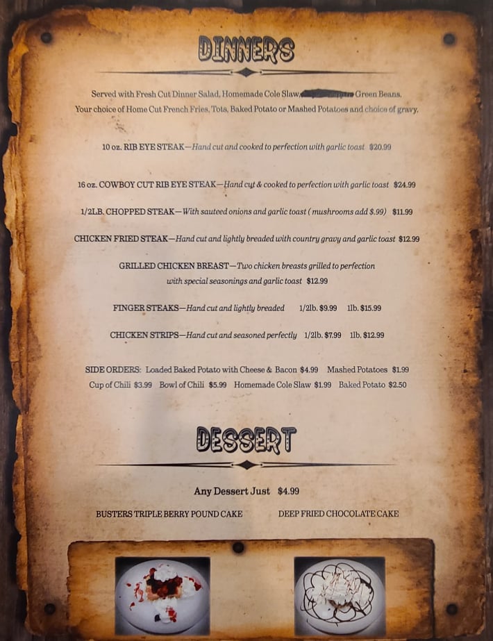 Buster's Dinner Menu