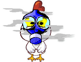 Drawing of a chicken wearing a gas mask